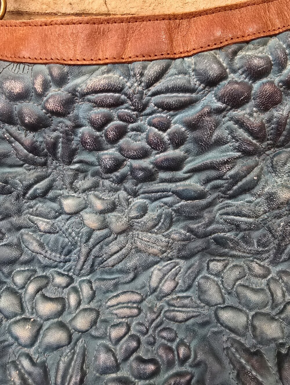 Anabaglish Blue Embossed Floral Leather Shoulder Bag Boho Sundance - Picture 6 of 16